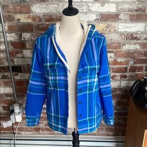 Lands' End Blue Plaid Fleece Hooded Jacket Size S/P 6/8